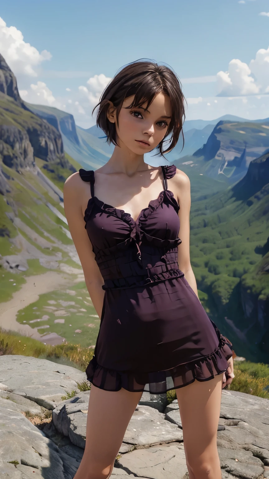 A hot Norwegian brunette woman, a young milf, with short messy hair, is standing on a mountain peak. She is wearing a  (short ruched chiffon mini dress:1.2) that is floating and revealing her silhouette. Her legs are open and spread, and she has a deep, narrow cleavage. The background is of a vast landscape, and the warm afternoon light is illuminating the scene.