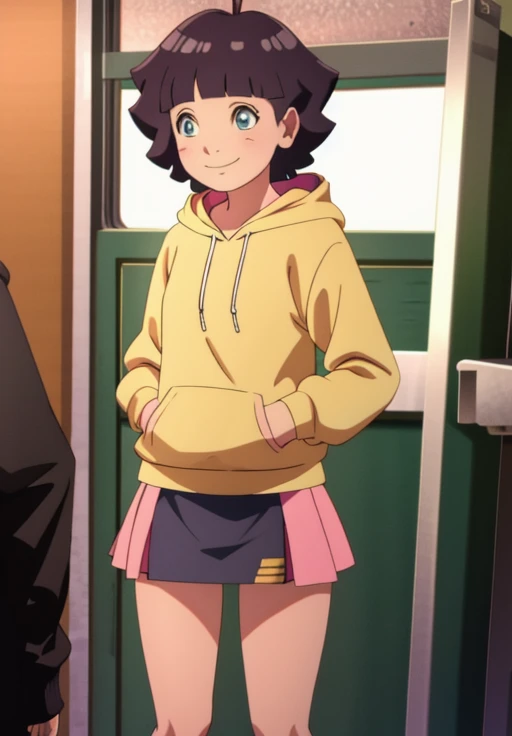 Nsfw, Himawari, solo, smile, closed mouth, standing, yellow hoodie, pink miniskirt, lifting miniskirt by self, pussy, sexy legs, 