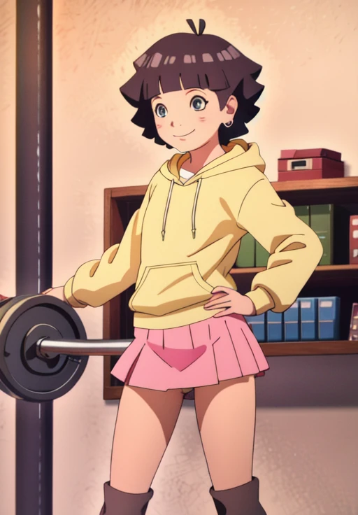 Nsfw, Himawari, solo, smile, closed mouth, standing, yellow hoodie, pink miniskirt, lifting miniskirt by self, pussy, sexy legs, 