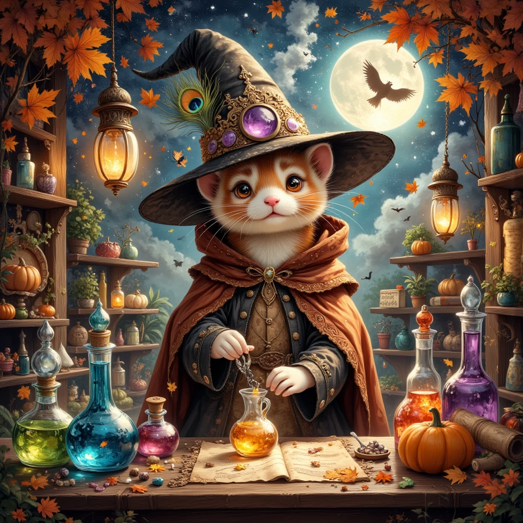 Amidst autumn’s embrace where foliage and whispers intertwine, lies the hidden nook of an inquisitive ferret, an intrepid alchemist wrapped warmly in a cloak of deep, earthly brown. (Its eyes, curious and alert, shine like polished citrine stones) beneath a not-too-gently slanted wizard's hat adorned with peacock feathers. The studio vibrates with an enigmatic aura, haunted softly by the energy of Halloween's mysterious revelry. Mirthful spirits frolic among ruby-tinted lanterns that line walls packed with parchment scrolls and a vast array of potion bottles infused with vivid concoctions that capture the impossible hues of dawn and dusk. Chartreuse, amethyst, and aquamarine liquids within dance to the tune of an unwritten spell. The ferret assembles reagents with nimble paws, crafting an elixir of joy that bursts into a myriad of colors, reflecting wild skies and the promise of laughter. There's a symphony of whispers—secrets translated by the eloquent whispers of a bard's unseen song. The boundaries between dreams and waking life blur into whirlpools of fantasy where time and space are no more than ephemeral accomplices in a dance of eternal laughter within the alchemist’s timeless atelier.