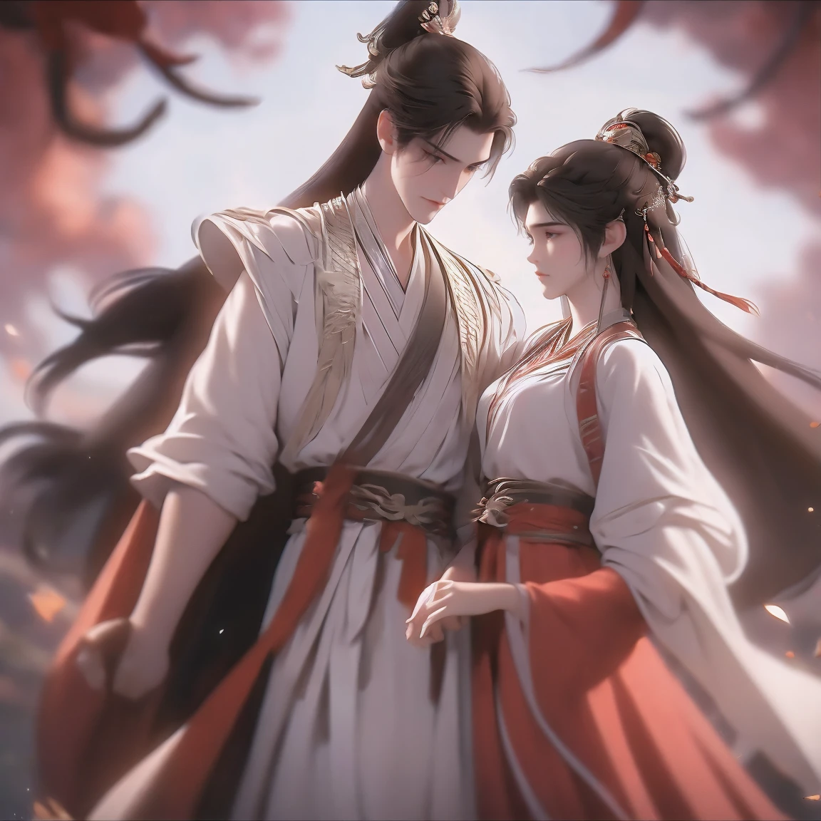 A handsome guy and a beautiful girl are leaning against each other，quiet and peaceful，faint smile，Chinese style clothing and accessories，black hair，perfect face，Chinese architecture