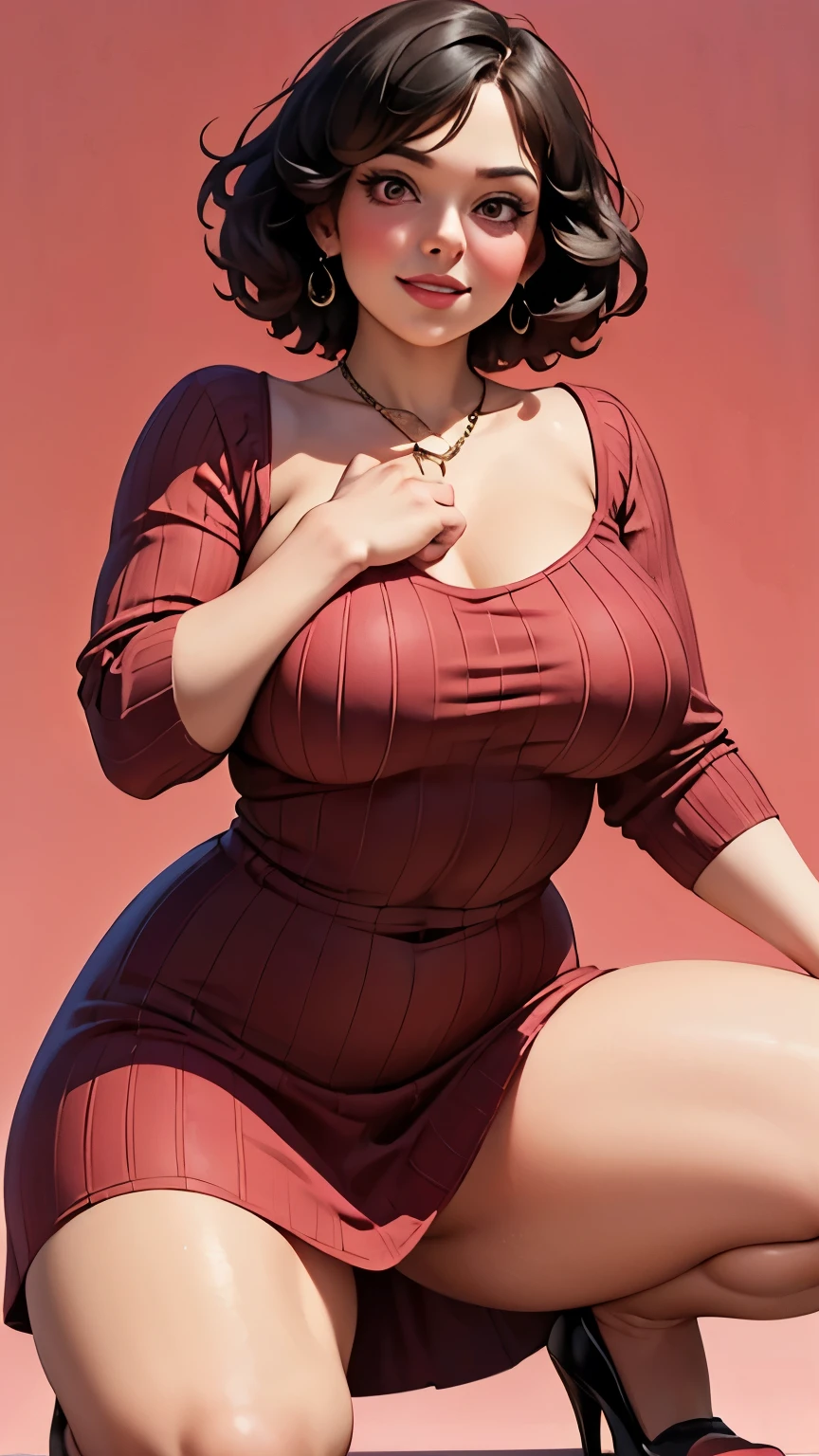 From the front, from below, aunt, adorable, cropped hair, short hair, pink eyes, chubby, squatting, red background, realistic illustration, comic book style, red ribbed dress, feminine and sexy movements, smiling