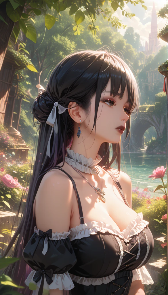 (masterpiece:1.2), ( best quality :1.2),  perfect eyes ,  perfect face , Perfect lighting, 1 Girl,  stands with her hands in front of her, Long hair,  complicated hairstyle , cosmetic, Dark lips, thick eyelashes , sad, Melancholy, A mature goth girl in a goth costume ,  black and white clothes , frills, Ribbon,  puffy sleeves , Bare shoulders, Lace necklace, Jewelry, peaceful, Quiet, chill,   detailed outdoor background ,  beautiful scenery , fantasy, summer, Sunlight, Sunburn, Flowers, Trees  