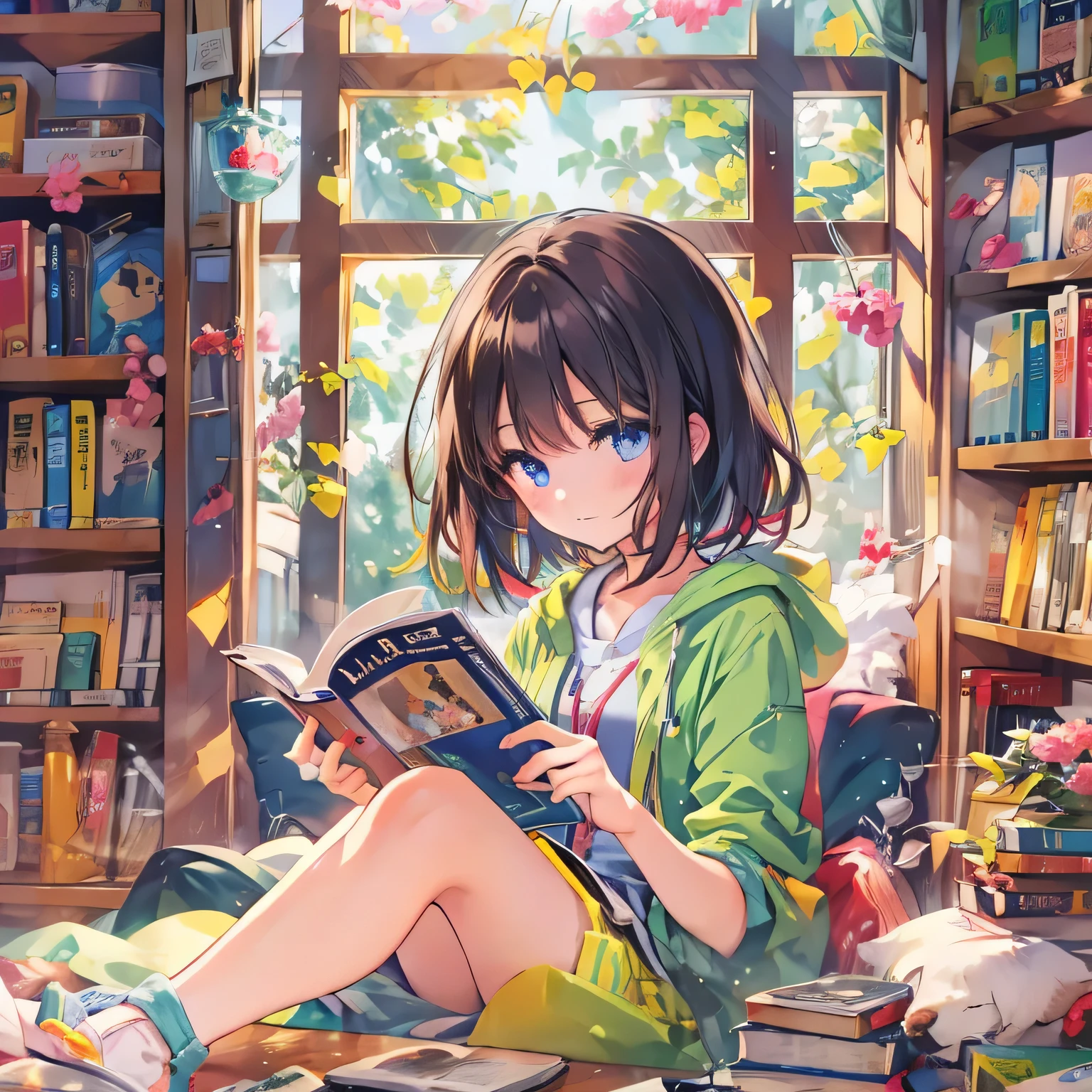  A beautiful girl with dark hair, bob-cut brown eyes, sits in front of a bright bookshelf and reads a book。Colorful pop anime 