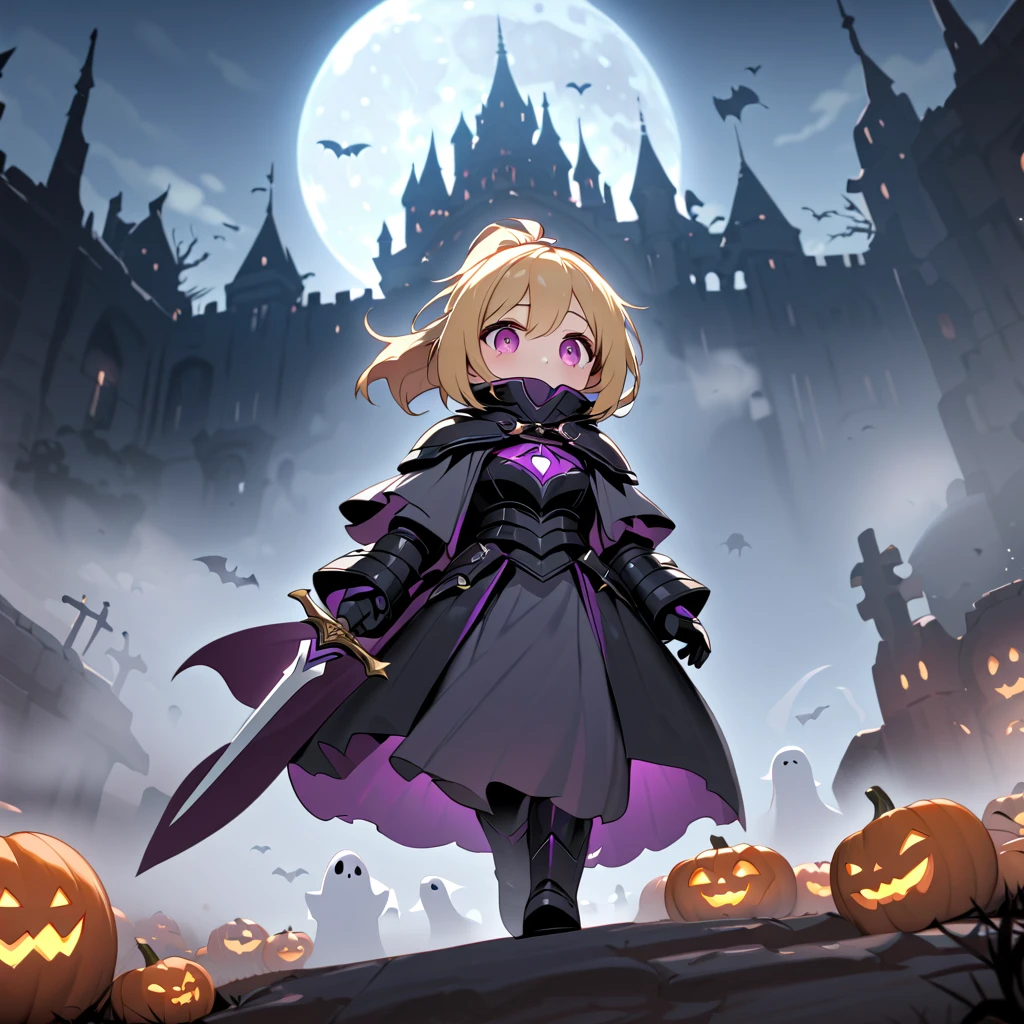 (masterpiece, best quality, hyper detailed:1.4), cute, dark colors, thick fog,
1girl, short, slender, fair skin, blonde medium hair, ponytail, big droopy eyes, magenta eyes,
Old Castle, Big full moon, Graveyard, (Lots of ghosts:1.2), Pumpkins, Many bats, full armor,
holding on sword, crying, walking, looking away, cowboy shot, dutch angle shot,