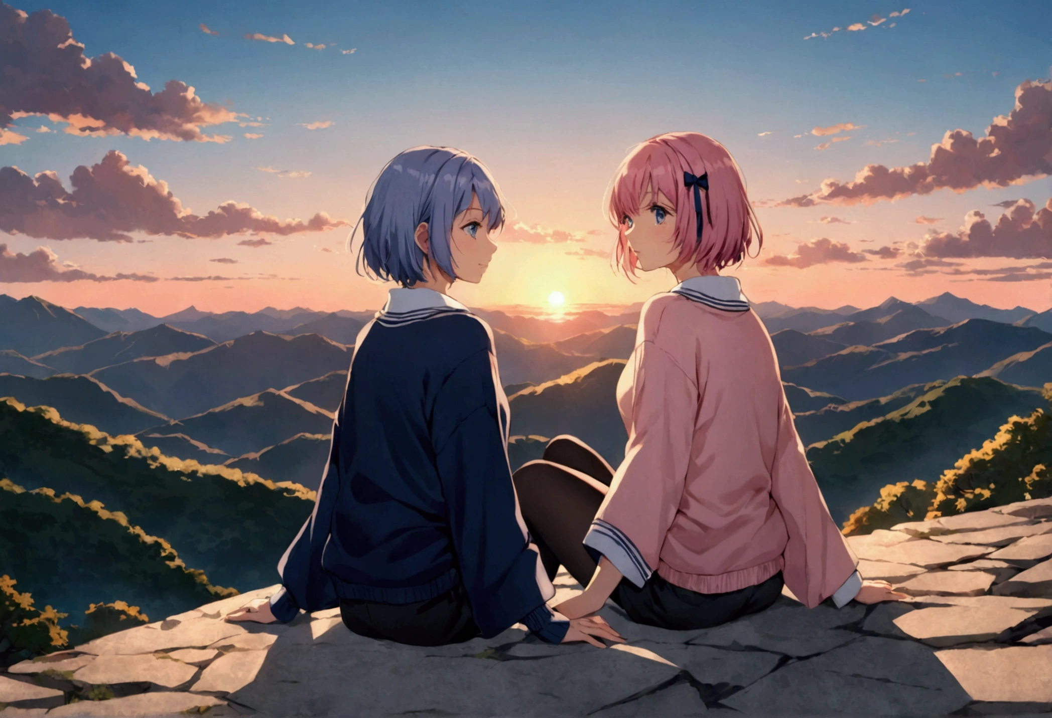 ((masterpiece)), ((Highest quality)), (anime:1.3), (Super Detail:1.2), (High resolution:1.3), (Professional photography:1.3), (Wide Shot), (so beautiful:1.2), (Absurd:1.2), (Sharp focus), (Perfect light), 8K, Glowing Skin, Cinema Lighting, One young woman, (Purple transparent cardigan),(White camisole as inner), (Black jeans), Toned arms, Small breasts, Shiny light purple hair in a low ponytail, (Purple eyes, Swept-apart bangs), (Pink hair in the eye)、stoic, Open your mouth, clavicle, Hair blowing in the wind, break, ((Highest quality)), (so beautiful:1.2), (Absurd:1.2), (leaning against a low, decorated balustrade), (Dubrovnik cityscape), Summer day, Beautiful Adriatic Sea,
