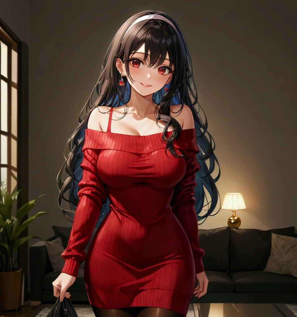 (masterpiece), (best quality), (beautiful eyes and face), (perfect female body), (shiny skin), looking at viewer, cowboy shot, 1girl, solo, yor briar, black hair, long hair, red eyes, large breasts, white hairband, gold earrings, jewelry, sweater dress, red sweater, off shoulder, long sleeves, black pantyhose, smile, standing, living room,