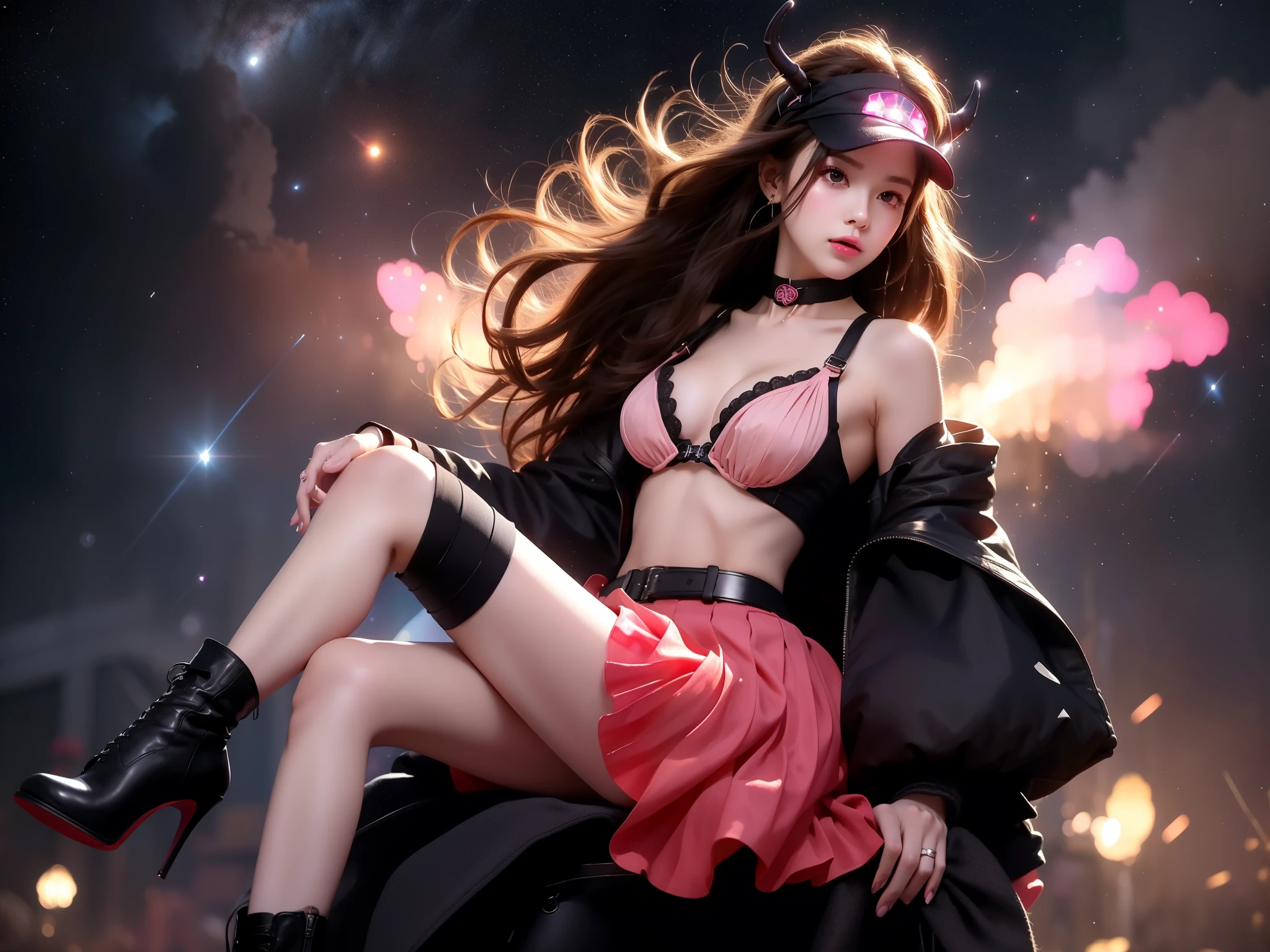 hllwngm outfit, pink visor cap, headset, black collar, pink demon wings, demon tail, demon horns, cropped jacket, open jacket, crop top, cleavage, suspenders , black detached sleeves, black fingerless gloves , pink layered miniskirt, black waist apron , brown thighhighs, black knee boots, ((full body)),hyperrealistic beautiful young woman, ((Full breasts, visible cleavage)), (Exquisite heels), (night scene:1.3), full body shot, sitting pose, floating on a translucent crystal platform in space, (galaxy background:1.2), (stars:1.3), nebula clouds, cosmic dust, (long slender legs:1.4), perfect body proportions, elegant posture, wearing a flowing ethereal dress, bare shoulders, (detailed skin texture:1.2), soft ambient lighting, stellar glow, perfect composition, 8k, masterpiece, (sharp focus:1.2), cinematic lighting, professional photography