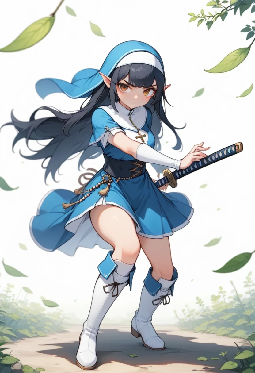 1 elven girl, solo, full body, detailed eyes, slight glaring at the viewer, iaidow,weapon, katana, holding sword, ready to draw, sheathed, unsheathing, scabbard, blunt bangs, black Hair, brown eyes. nun blue costume, white head veil, a rosary, thigh, white boots, Leaves dancing in the wind, simple background