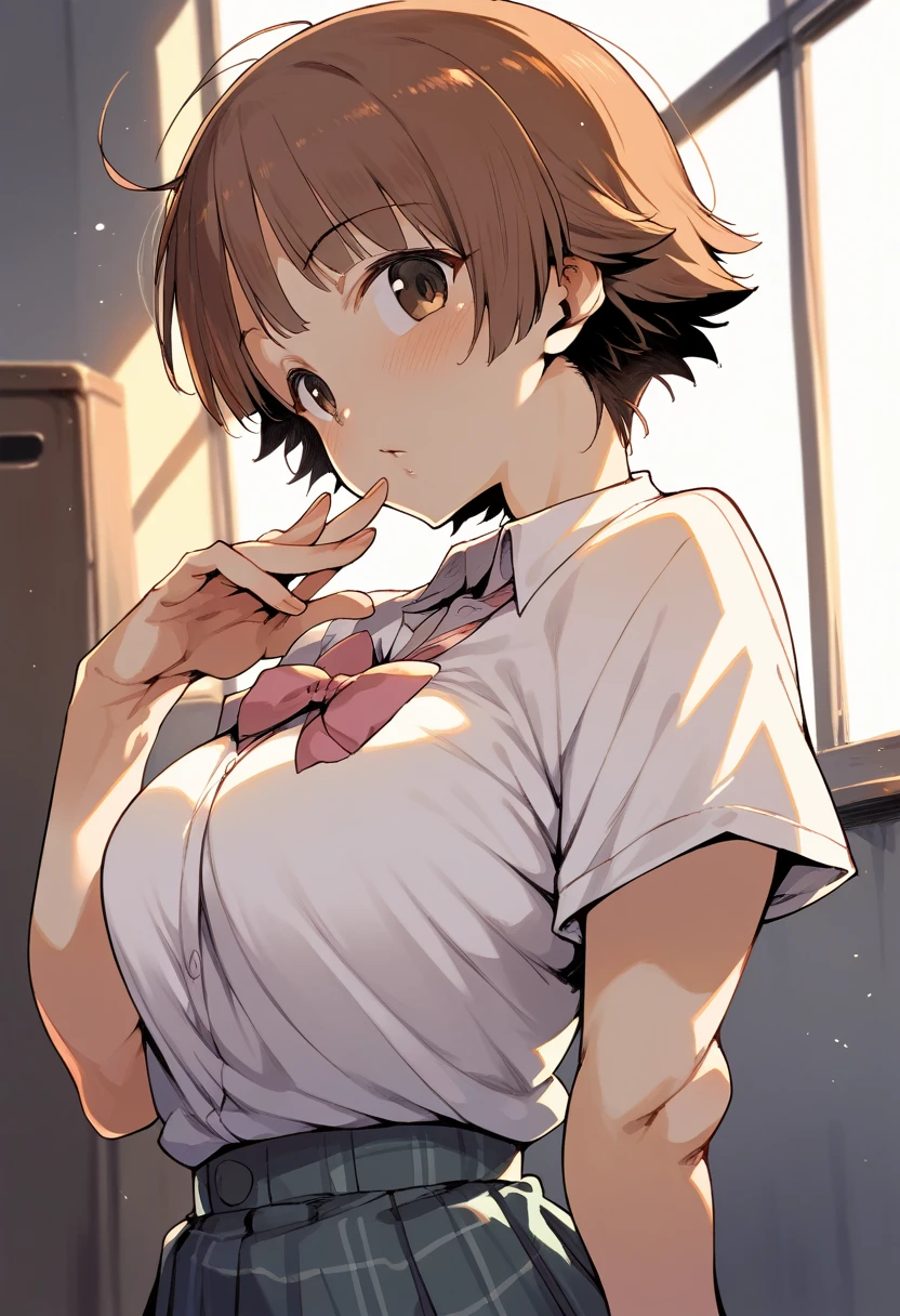 Mio Honda Hermosa,  short brown hair,school, sensual, slightly larger breasts