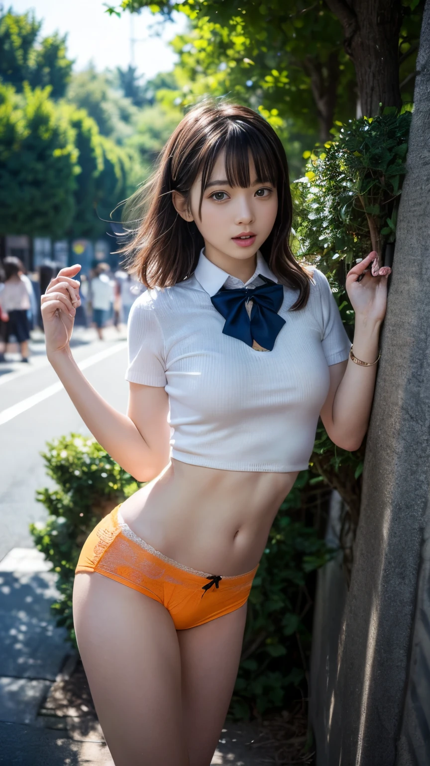 High resolution CG Unity 8k wallpaper,  highest quality, Super detailed, masterpiece, Realistic, photo Realistic,  High image quality、18 year old adult female、(((スカートを lift themselves )))、( lift themselves )、 orange panties with lace、  Tiny Panties  、 pay attention to panties 、 detailed panty pattern showing slight cleavage、 Open your lips,  viewers almost at night、Half Body Shot、(crowd)、(On the streets of Tokyo)、 short bob、 Natural light is too strong   、 the shining sun 、女性crowd、 shot from a slightly lower angle 、  sparkling lip gloss 、 sparkling eye、 cute headband that widens female genitals、Cute hair band、(((Exquisitely designed,  LUXURIOUS COLORFUL ADULT SHORTS  ,  panties high resolution portrait , Extremely detailed drawing of pants)))、((  Show off your pants in a unique pose)), ((  spread his legs,  please raise your legs ))   Open your mouth a little 、((( school uniform、 white shirt、 Check Mini Skirt、 skirt standing in the shade of a tree、show panties)))、