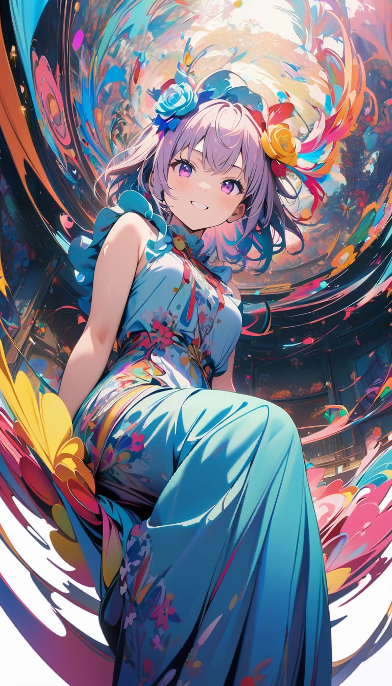 (masterpiece, Best Quality, Official Art:1.2), (colorful),  perfect anatomy,  watching the audience , one girl playing pranks, Alone, White background, floating colorful water,  super precise illustrations ,  with elaborate details ,  Dynamic Angle,   Beautiful Details , 8k, 壊す smiling amidst the colorful scenes, ( high resolution),  anime style, ( fractal art:1.1),  pastel color 