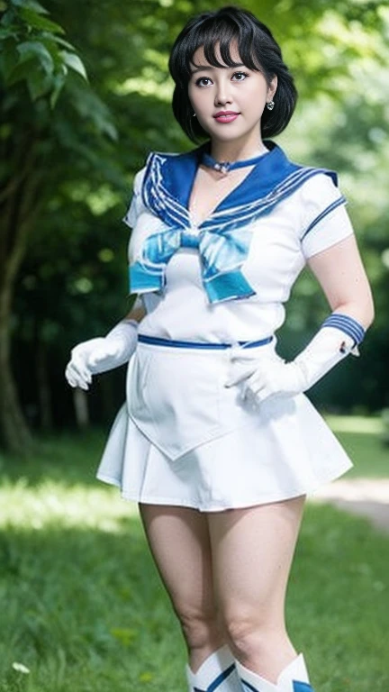  Japanese mature,48 years old, white skin,(plump body, big chest, plump thighs:1.5),(Mer1, tiara, sailor senshi uniform, blue sailor collar, bow, knee boots, choker, white gloves, blue choker, elbow gloves, jewelry, earrings, blue skirt:1.3),( standing in the park, take a picture of the whole body from toe to head,full body,standing:1.2), depth of field,looking at viewer,smile, surrealism, from below, Sony FE, 8k, Yuka