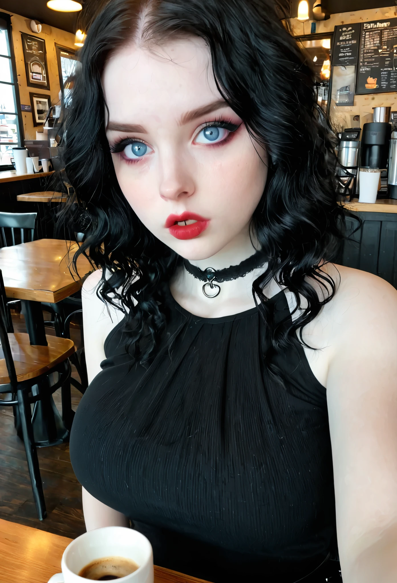 Girl with pale skin, black hair,Light blue eyes , gothic girl,cute face, adorable face, shy, blushing, pov selfie,With big breasts,With a large and wide neckline,Gothic young girl,Annoying girl,At the coffee shop With black sleeveless shirt ,Serious and annoying girl, with a firm look ,with a very large neckline ,black rap shirt ,Black strapless shirt ,Wavy hair