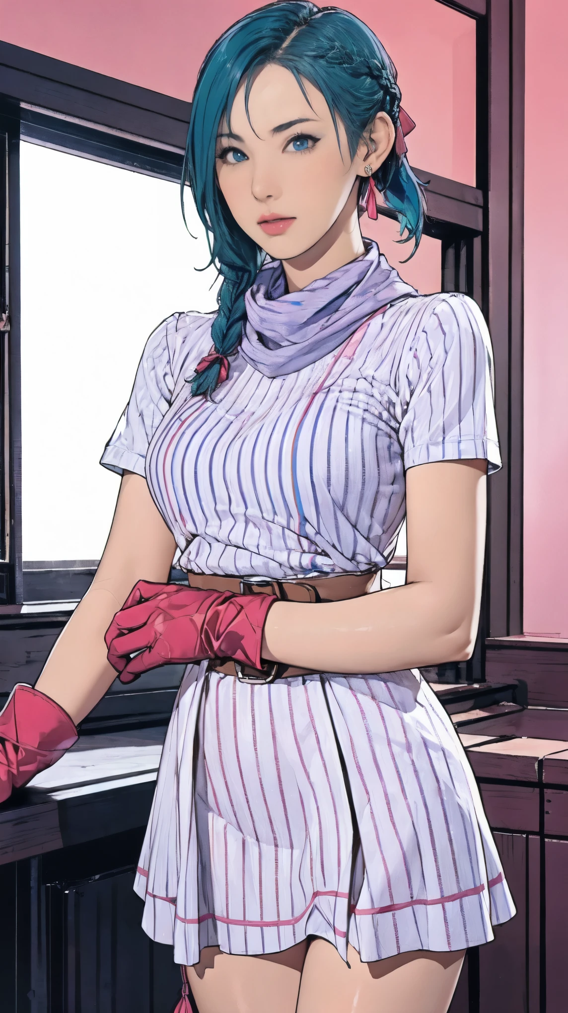 (masterpiece, highest quality), 1 girl, Bloomers, 1 girl, Alone, blue eyes , blue hair, aqua hair , single braid, braided ponytail, hair ribbon, red ribbon, hair bow, earrings,, Short dress, pink dress, Vertical striped dress, Short sleeve, belt, clothes writing, brown gloves , One-handed gloves, Purple scarf,