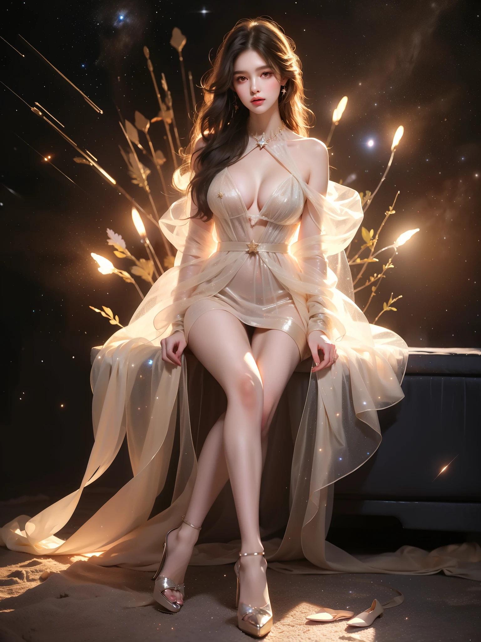 cpct
capelet coat ((full body)),hyperrealistic beautiful young woman, ((Full breasts, visible cleavage)), (Exquisite heels), (night scene:1.3), full body shot, sitting pose, floating on a translucent crystal platform in space, (galaxy background:1.2), (stars:1.3), nebula clouds, cosmic dust, (long slender legs:1.4), perfect body proportions, elegant posture, wearing a flowing ethereal dress, bare shoulders, (detailed skin texture:1.2), soft ambient lighting, stellar glow, perfect composition, 8k, masterpiece, (sharp focus:1.2), cinematic lighting, professional photography