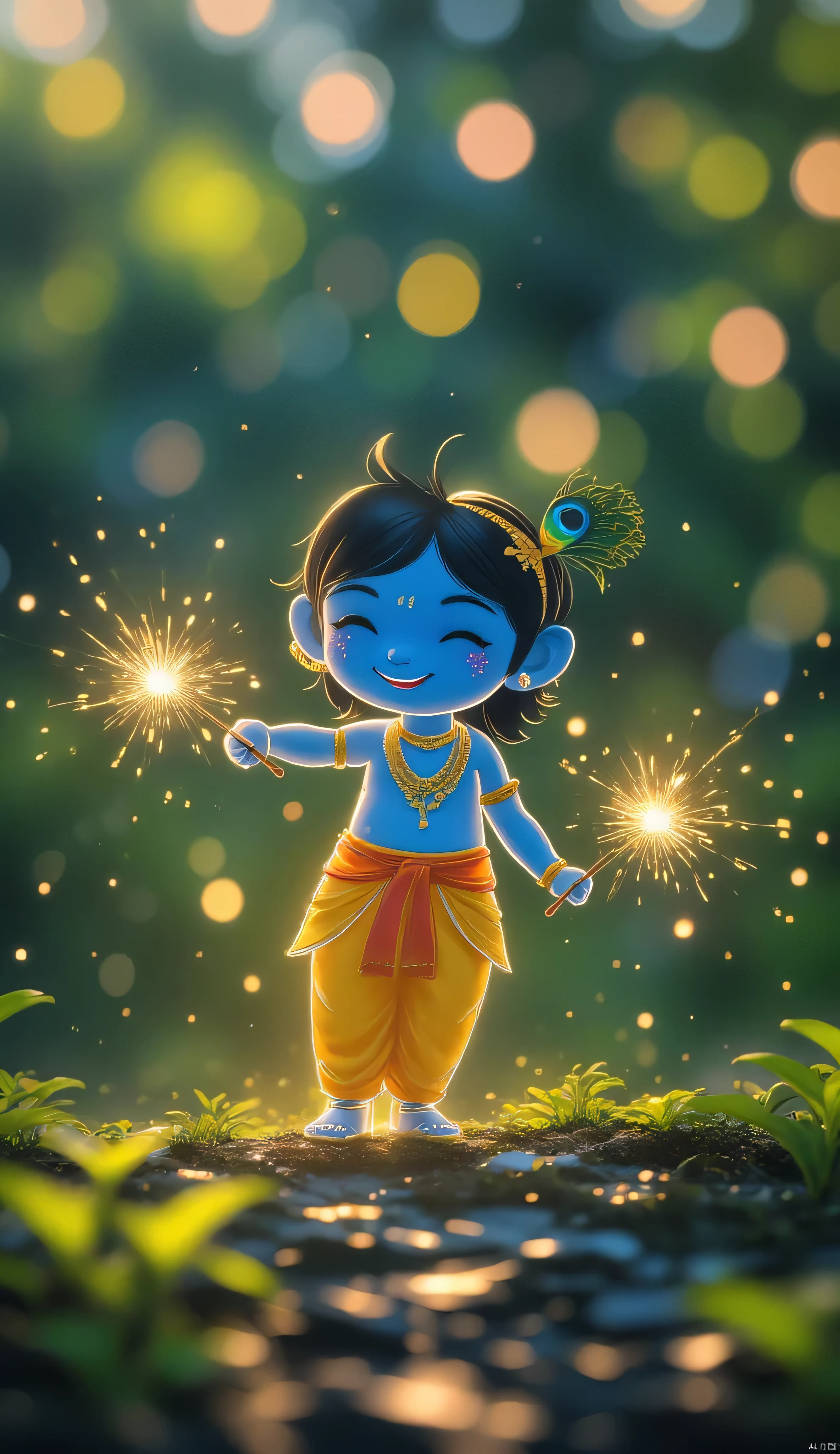 Visualize Krishna holding a sparkler, laughing joyfully alongside his friends as they wave their sparklers, creating bright patterns in the night sky. Krishna’s deep blue skin glows in the light, and he wears a tiny crown with his peacock feather. His friends, dressed in colorful traditional outfits, share in his joy. Firecrackers sparkle in the background, adding to the Diwali festivities, while Krishna’s playful smile captures the innocence and joy of hood, lighting up the entire scene with a festive spirit.