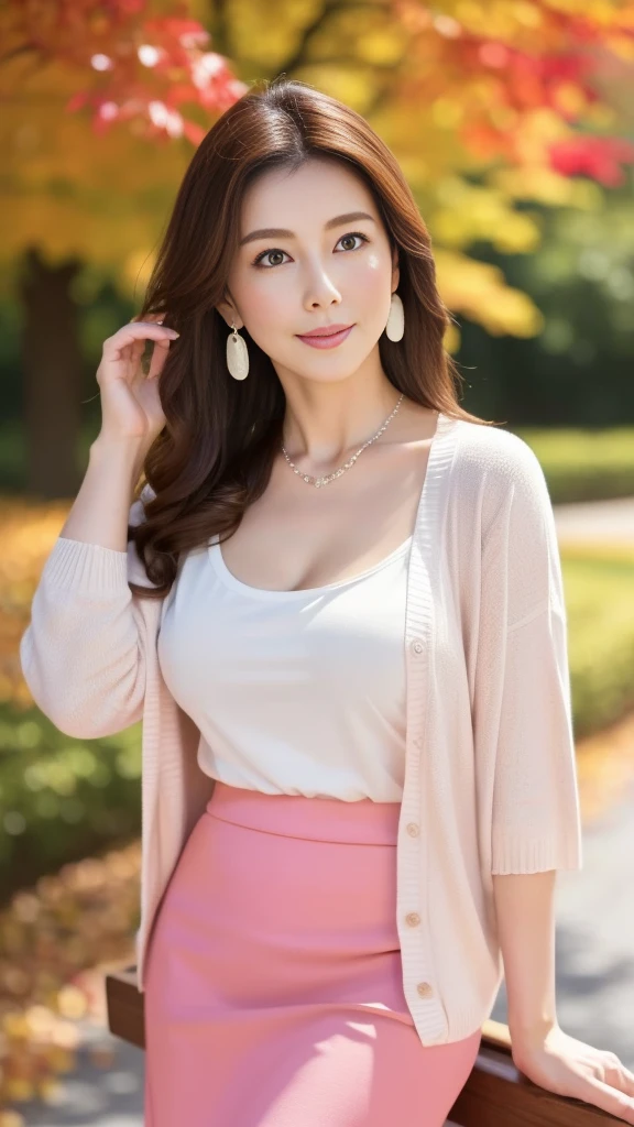  table top to cover upper arms,Best Quality, (Dear. :1), ,（Standing in a park with beautiful fall foliage :1.3)、（Looking backwards :1.5),Bright red autumn leaves、 staring at us 、Full body photo night，( ivory cardigan and light pink skirt:1.3)、(Beautiful Mature Woman:1.5)，、Long legs， Shortcut to Skin ，（ small face:1.3)， Panoramic View，（A little thick:1.3)、，(Big Breasts:1.2)，(Beautiful women over 45:1.5),  （Beautiful curly long hair:1.5)、 perfect face,,  ( Detailed Facial Features ),  (A clean and elegant face:1.5)、（Chubby, voluptuous body:1.6), necklace 、 earrings、 necklace 