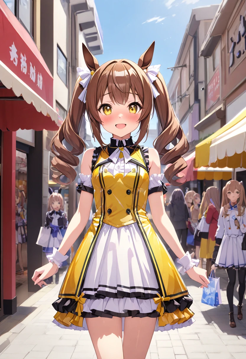 Viewer discretion advised、Best Quality、Horse Girl、Smart Falcon、ender body、Small breasts、Shiny brown hair、 twin tails、Yellow Eyes、 glossy skin、Idol Costumes、smile、Embarrassed face、 one girl、Shopping Street