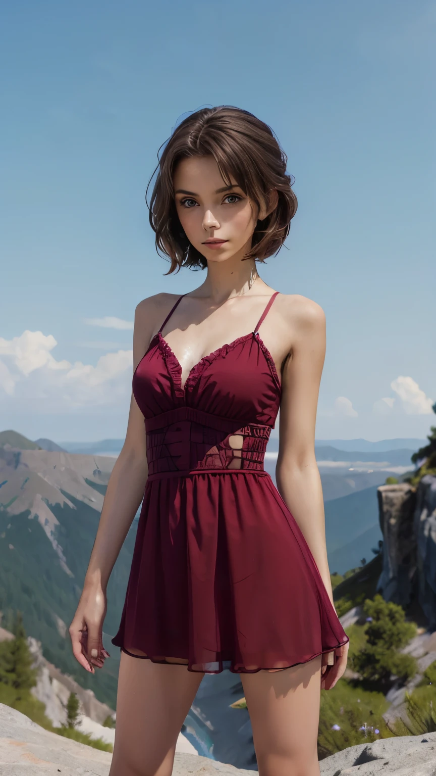 A waist shot of a  hot russian brunette woman, a young woman, with short messy hair, is standing on a mountain peak. She is wearing a  (short ruched chiffon mini dress:1.2) that is floating and revealing her silhouette. Her legs are open and spread, and she has a deep, narrow cleavage. The background is of a vast landscape, and the warm afternoon light is illuminating the scene.