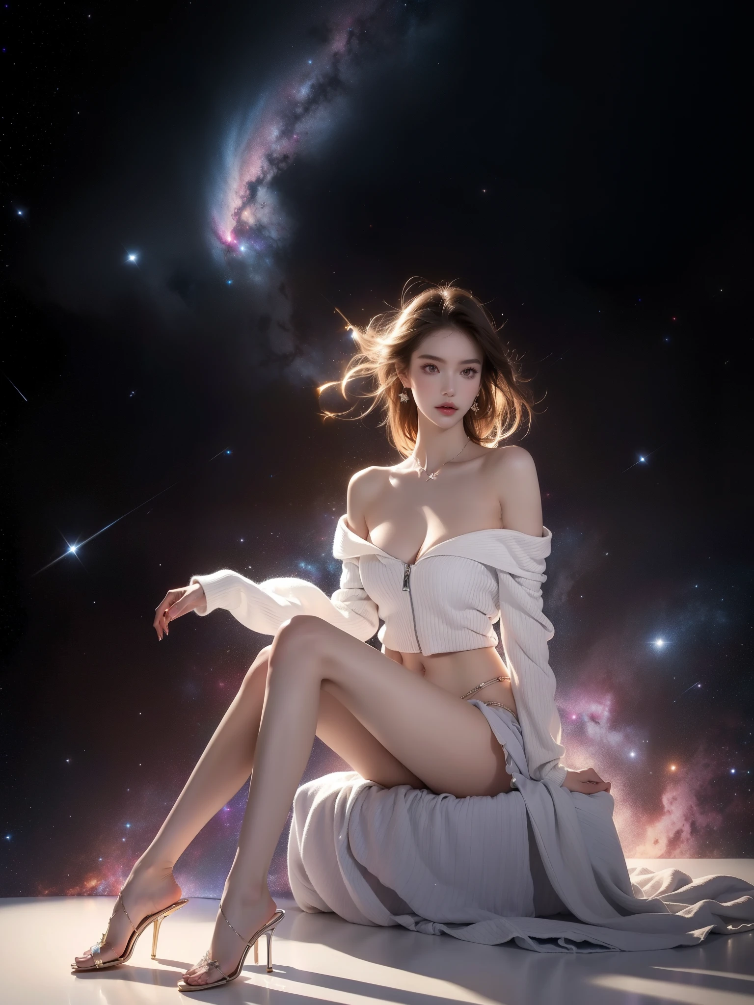 z1pp3rsw3at3r, bare shoulders, midriff, off shoulder, sleeves past wrists, zipper sweater ((full body)),hyperrealistic beautiful young woman, ((Full breasts, visible cleavage)), (Exquisite heels), (night scene:1.3), full body shot, sitting pose, floating on a translucent crystal platform in space, (galaxy background:1.2), (stars:1.3), nebula clouds, cosmic dust, (long slender legs:1.4), perfect body proportions, elegant posture, wearing a flowing ethereal dress, bare shoulders, (detailed skin texture:1.2), soft ambient lighting, stellar glow, perfect composition, 8k, masterpiece, (sharp focus:1.2), cinematic lighting, professional photography