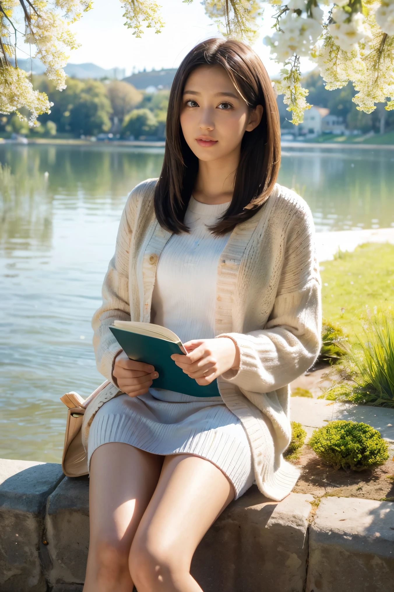 Girl reads a book by the lake, bright colors, spring, willow branches, comfort, warm sunlight