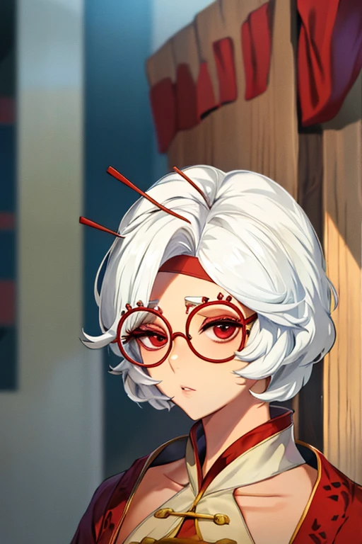 White hair、short-hair、Large round glasses、Red glasses、Red Eyes、