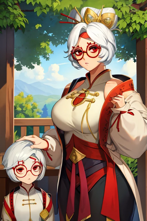 White hair、short-hair、Large round glasses、Red glasses、Red Eyes、