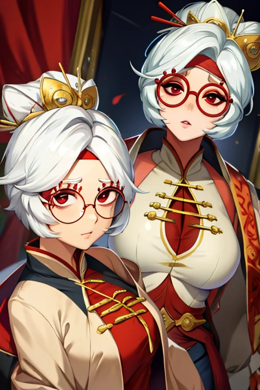 White hair、short-hair、Large round glasses、Red glasses、Red Eyes、