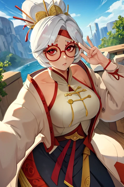 White hair、short-hair、Large round glasses、Red glasses、Red Eyes、