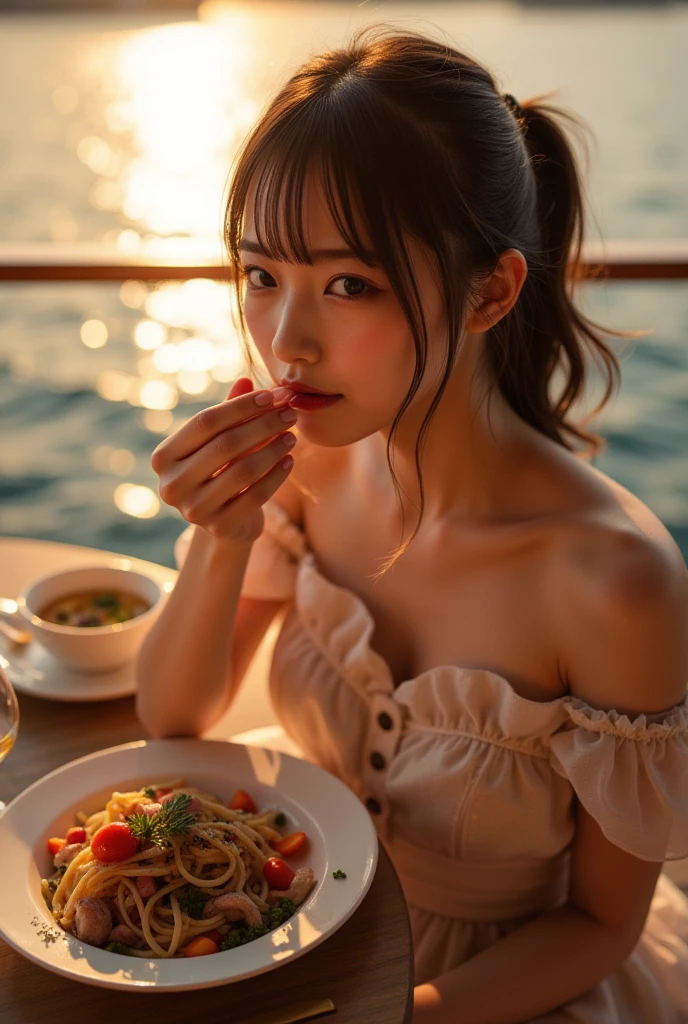 8K、Top image quality、​masterpiece、夏天、20yr old、(1 adult female)、Off-the-shoulder dresses、Eating moments、by the window、ocean view、Eat a burger in a café、Eat with your mouth wide open、Looks deliciously cheeky、(Expressions that you can enjoy to the fullest)、Cinematic lighting、