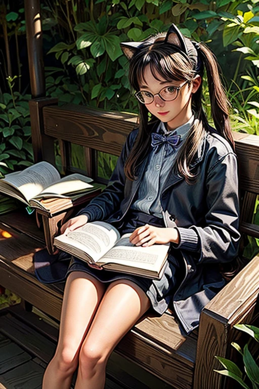  with fringes and black hair and a little short, She wears glasses and is reading a book in a garden