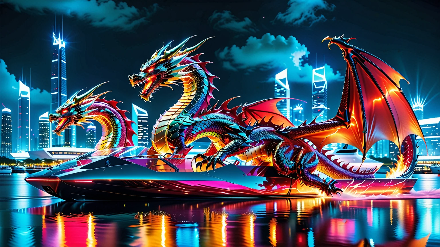 A Masterpiece In 32K Resolution, Supreme Quality, Super Detail, Official Art, Very High-Resolution 32K Wallpaper. Gleaming And Technological, Ultra-Detailed Features. A Majestic Dragon Of Fire, With Fiery Scales That Sparkle Like Rubies Against A Backdrop Of Sleek Glass Towers. Below, An Ultra-Modern Harbor Filled With Sleek, Automated Boats And Neon-Lit Cargo Bays Glows Softly, Illuminated By The City Lights. The Dragon Breathes Flames That Light Up The Night Sky, Creating A Stunning Contrast With The Cool, High-Tech Harbor Scene Below.