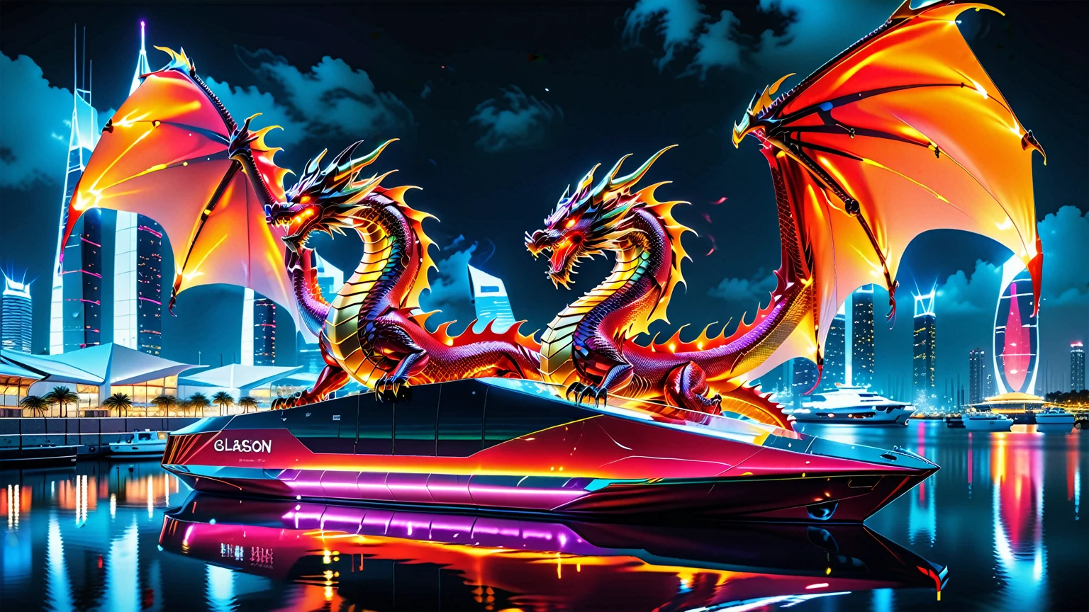 A Masterpiece In 32K Resolution, Supreme Quality, Super Detail, Official Art, Very High-Resolution 32K Wallpaper. Gleaming And Technological, Ultra-Detailed Features. A Majestic Dragon Of Fire, With Fiery Scales That Sparkle Like Rubies Against A Backdrop Of Sleek Glass Towers. Below, An Ultra-Modern Harbor Filled With Sleek, Automated Boats And Neon-Lit Cargo Bays Glows Softly, Illuminated By The City Lights. The Dragon Breathes Flames That Light Up The Night Sky, Creating A Stunning Contrast With The Cool, High-Tech Harbor Scene Below.