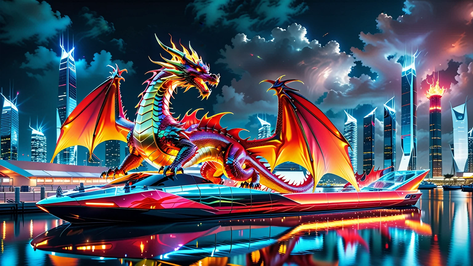 A Masterpiece In 32K Resolution, Supreme Quality, Super Detail, Official Art, Very High-Resolution 32K Wallpaper. Gleaming And Technological, Ultra-Detailed Features. A Majestic Dragon Of Fire, With Fiery Scales That Sparkle Like Rubies Against A Backdrop Of Sleek Glass Towers. Below, An Ultra-Modern Harbor Filled With Sleek, Automated Boats And Neon-Lit Cargo Bays Glows Softly, Illuminated By The City Lights. The Dragon Breathes Flames That Light Up The Night Sky, Creating A Stunning Contrast With The Cool, High-Tech Harbor Scene Below.