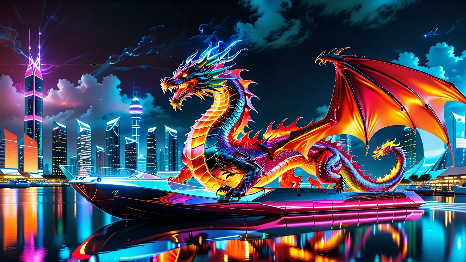 A Masterpiece In 32K Resolution, Supreme Quality, Super Detail, Official Art, Very High-Resolution 32K Wallpaper. Gleaming And Technological, Ultra-Detailed Features. A Majestic Dragon Of Fire, With Fiery Scales That Sparkle Like Rubies Against A Backdrop Of Sleek Glass Towers. Below, An Ultra-Modern Harbor Filled With Sleek, Automated Boats And Neon-Lit Cargo Bays Glows Softly, Illuminated By The City Lights. The Dragon Breathes Flames That Light Up The Night Sky, Creating A Stunning Contrast With The Cool, High-Tech Harbor Scene Below.