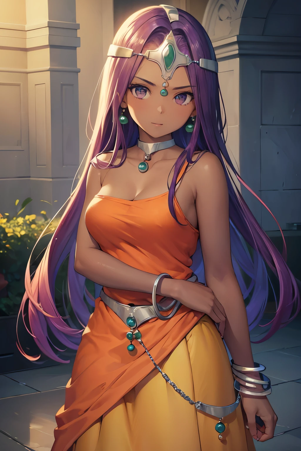 (8k, raw photo, masterpiece, extremely detailed, best quality, professional lighting, high res), BREAK beautiful and adorable girl, dqMinea, circlet, earrings, choker, bracelet, orange dress, dark skin, tanned skin, humble, arrogant, mysterious girl