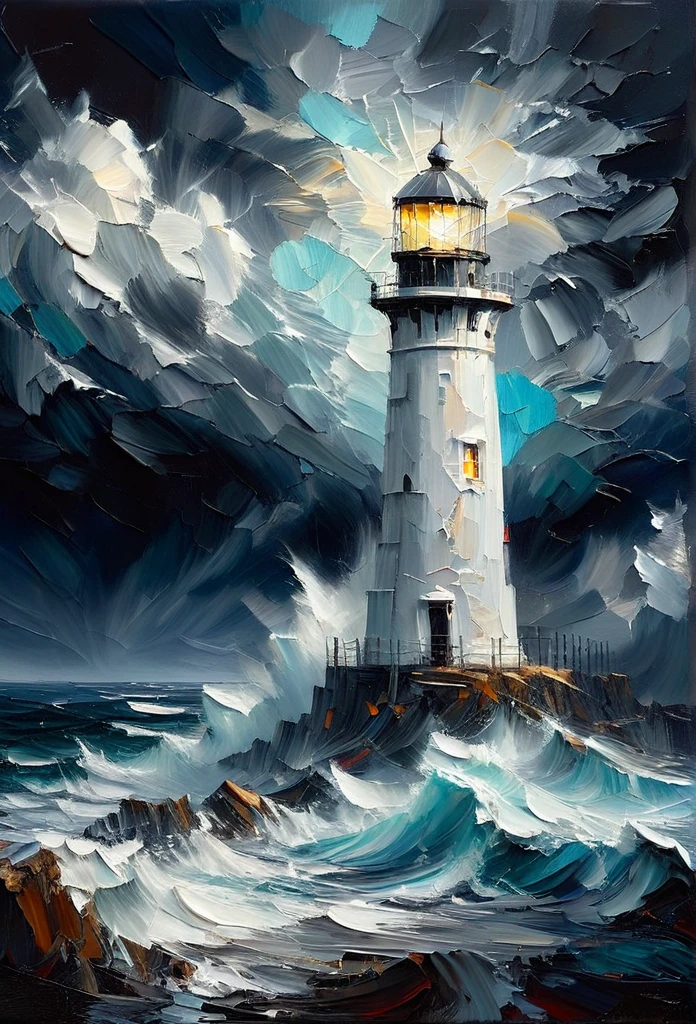 A highly stylized white oil painting with texture of paint that adds depth and movement to the dramatic setting, with primary palette colours of White, light gray-white and Aqua. a lighthouse shining in the stormy night, with tall crashing foamy waves & sea mist around it. captured with dramatic brushstrokes, dramatic white brushstrokes to create depthand dimension with dramatic, cinematic effect. White light effects with moody storm clouds.High Quality, Masterpiece, Award Winning, palette knife painting