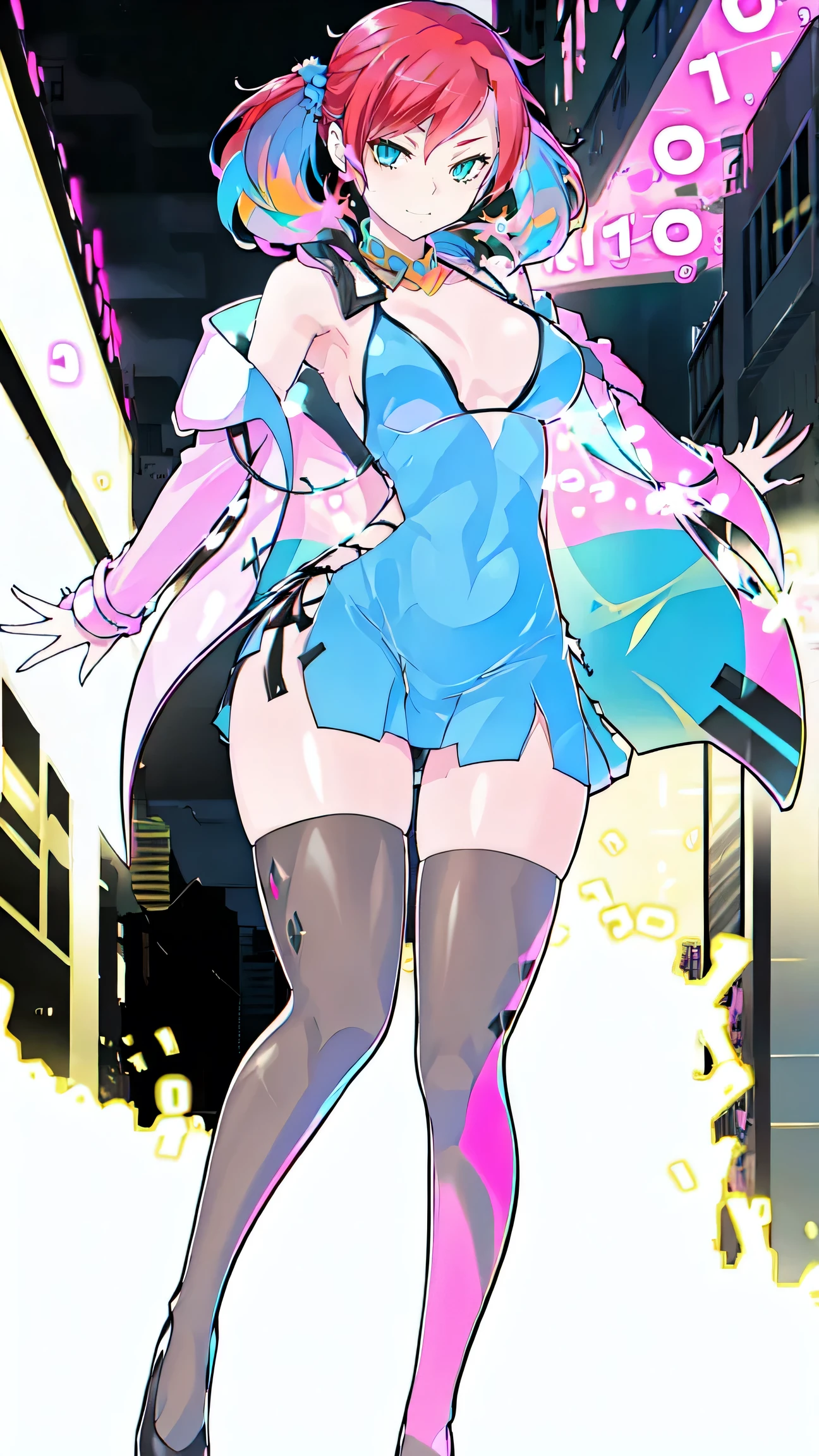 sexy, thick thighs, thick calves, thick legs, muscular female, fitness, shredded abs, (narrow waist:1.3) (slim waist:1.3), (large hips:1.2), (big ass:1.2), big round breasts, ((full body)), shiny thighs, oiled skin, smooth skin , thick thighs, shinny thighs, oiled thighs, soft thighs, sexy thighs, beautiful thighs, thighs focus, thigh gap, thigh high, thighhigh, skindenting, hard light, hard highlight, gradient highlight, digidestined, high detailed face, dynamic, energetic, sexy, erotic, happy, smile, cute, blushing, fair skin, blue eyes, ((shoulder-length red hair)), (pink hair:1.5), ((hair tied on the sides, pigtails hair)), black underwear, thight short light-blue dress, thight dress, . cutout dress on sides. exposed underwear., pink hooded jacket with a light blue inner side. gray stockings, gathered belts on thighs black shoes, collars and wristlets, seductive, gal, gyaru, white skin, pink hair, Nokia Shiramine. Running on a neon night city, rainny night, neon lights, futuristic city, cyberpunk, wet, rain, lights, synthwave