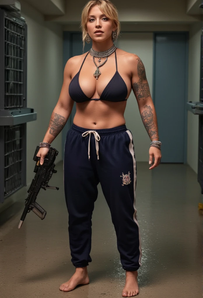 A full body photo of a sexy, curvy slim model girl from a prison jail setting. She's wearing a micro string mini bikini top , gym pants that hugs hegure, showcasing her thick muscular thighs. She has short hair and very big saggy tits . Her confident smirk radiates charisma as she stands in a prison cell, holding a gun, her large earrings catching the light. Detailed skin texture, DSLR quality, cinematic lighting, and intricate accessories all come together to capture her allure in this full-body view, (((large breasts))), (((deep open neckline))), (((long waist))), (((bracelets))), (((wide hip))), (((string micro bikini top))), (((big saggy ))), (((wide shoulders))), (((tattoos))), (((gym pants))), (((navel))), (((midriff))), Sydney, (((full body view))), ((short hair))