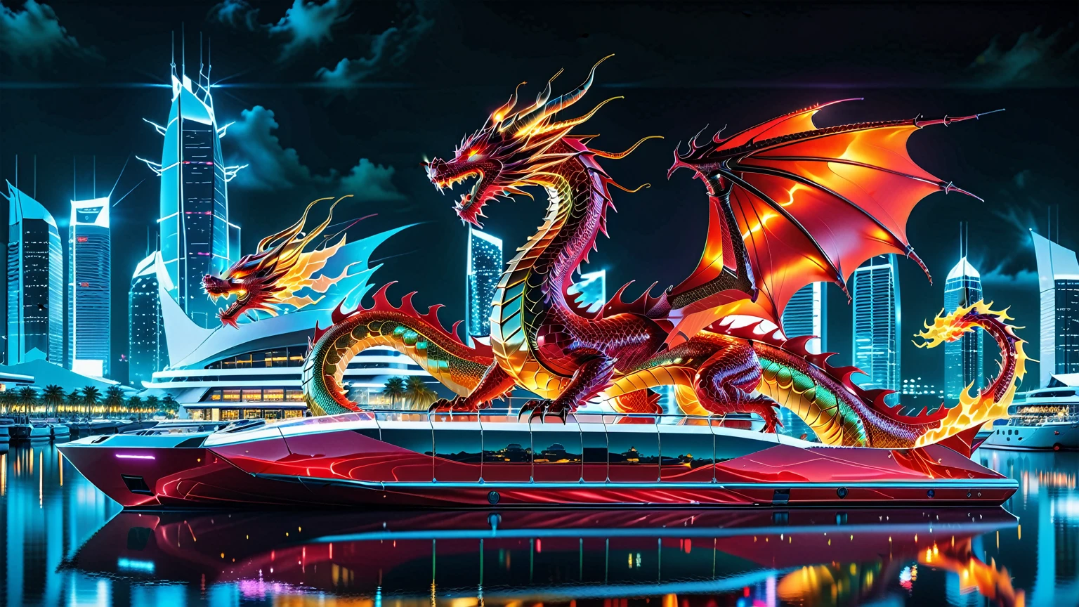 A Masterpiece In 32K Resolution, Supreme Quality, Super Detail, Official Art, Very High-Resolution 32K Wallpaper. Gleaming And Technological, Ultra-Detailed Features. A Majestic Dragon Of Fire, With Fiery Scales That Sparkle Like Rubies Against A Backdrop Of Sleek Glass Towers. Below, An Ultra-Modern Harbor Filled With Sleek, Automated Boats And Neon-Lit Cargo Bays Glows Softly, Illuminated By The City Lights. The Dragon Breathes Flames That Light Up The Night Sky, Creating A Stunning Contrast With The Cool, High-Tech Harbor Scene Below.