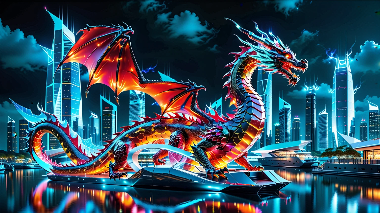 A Masterpiece In 32K Resolution, Supreme Quality, Super Detail, Official Art, Very High-Resolution 32K Wallpaper. Gleaming And Technological, Ultra-Detailed Features. A Majestic Dragon Of Fire, With Fiery Scales That Sparkle Like Rubies Against A Backdrop Of Sleek Glass Towers. Below, An Ultra-Modern Harbor Filled With Sleek, Automated Boats And Neon-Lit Cargo Bays Glows Softly, Illuminated By The City Lights. The Dragon Breathes Flames That Light Up The Night Sky, Creating A Stunning Contrast With The Cool, High-Tech Harbor Scene Below.