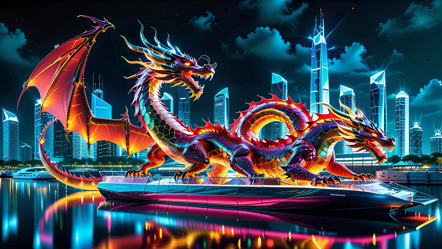 A Masterpiece In 32K Resolution, Supreme Quality, Super Detail, Official Art, Very High-Resolution 32K Wallpaper. Gleaming And Technological, Ultra-Detailed Features. A Majestic Dragon Of Fire, With Fiery Scales That Sparkle Like Rubies Against A Backdrop Of Sleek Glass Towers. Below, An Ultra-Modern Harbor Filled With Sleek, Automated Boats And Neon-Lit Cargo Bays Glows Softly, Illuminated By The City Lights. The Dragon Breathes Flames That Light Up The Night Sky, Creating A Stunning Contrast With The Cool, High-Tech Harbor Scene Below.