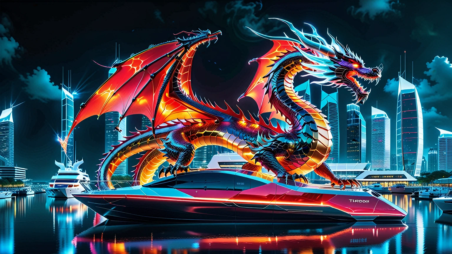 A Masterpiece In 32K Resolution, Supreme Quality, Super Detail, Official Art, Very High-Resolution 32K Wallpaper. Gleaming And Technological, Ultra-Detailed Features. A Majestic Dragon Of Fire, With Fiery Scales That Sparkle Like Rubies Against A Backdrop Of Sleek Glass Towers. Below, An Ultra-Modern Harbor Filled With Sleek, Automated Boats And Neon-Lit Cargo Bays Glows Softly, Illuminated By The City Lights. The Dragon Breathes Flames That Light Up The Night Sky, Creating A Stunning Contrast With The Cool, High-Tech Harbor Scene Below.