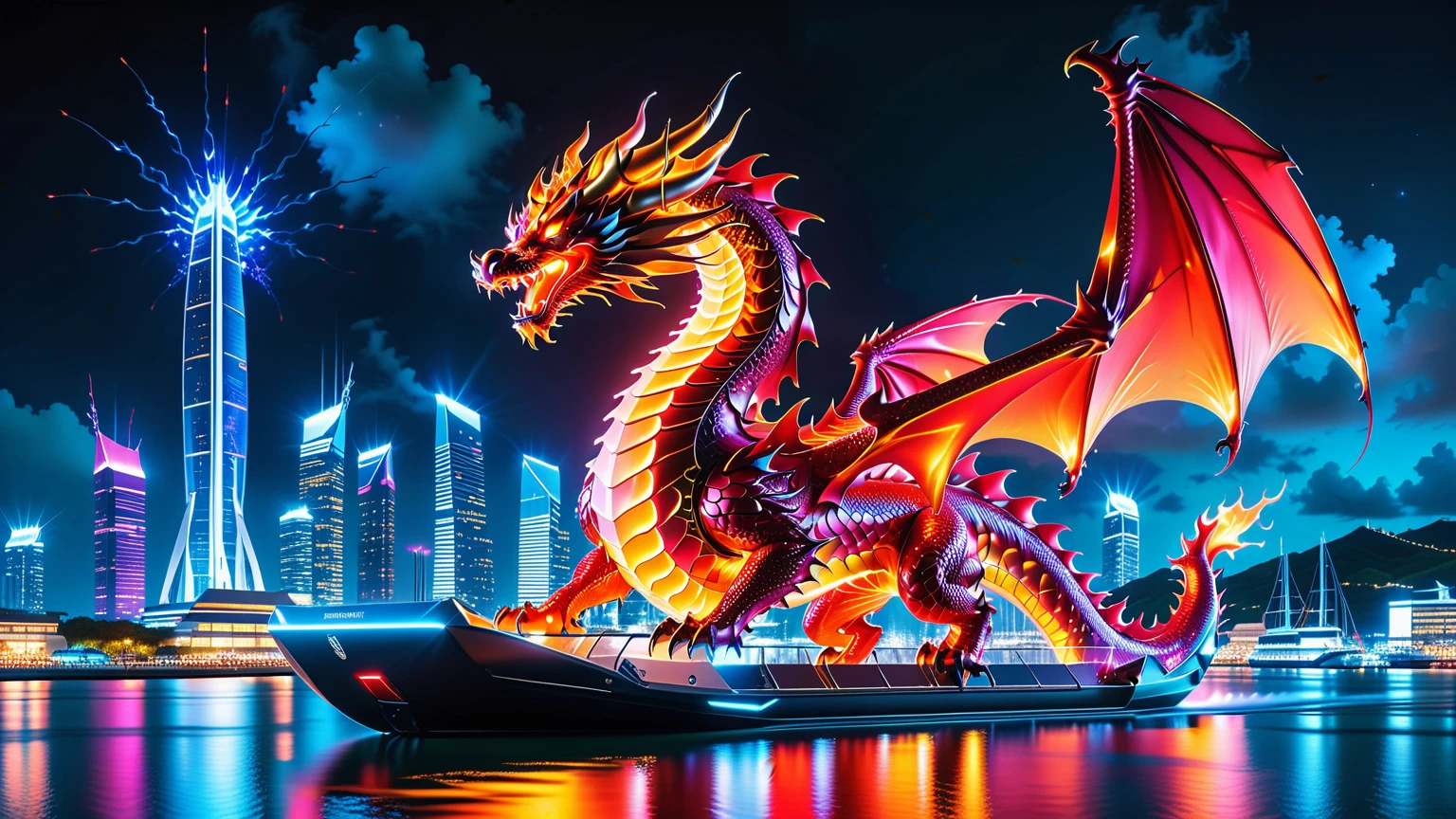 A Masterpiece In 32K Resolution, Supreme Quality, Super Detail, Official Art, Very High-Resolution 32K Wallpaper. Gleaming And Technological, Ultra-Detailed Features. A Majestic Dragon Of Fire, With Fiery Scales That Sparkle Like Rubies Against A Backdrop Of Sleek Glass Towers. Below, An Ultra-Modern Harbor Filled With Sleek, Automated Boats And Neon-Lit Cargo Bays Glows Softly, Illuminated By The City Lights. The Dragon Breathes Flames That Light Up The Night Sky, Creating A Stunning Contrast With The Cool, High-Tech Harbor Scene Below.