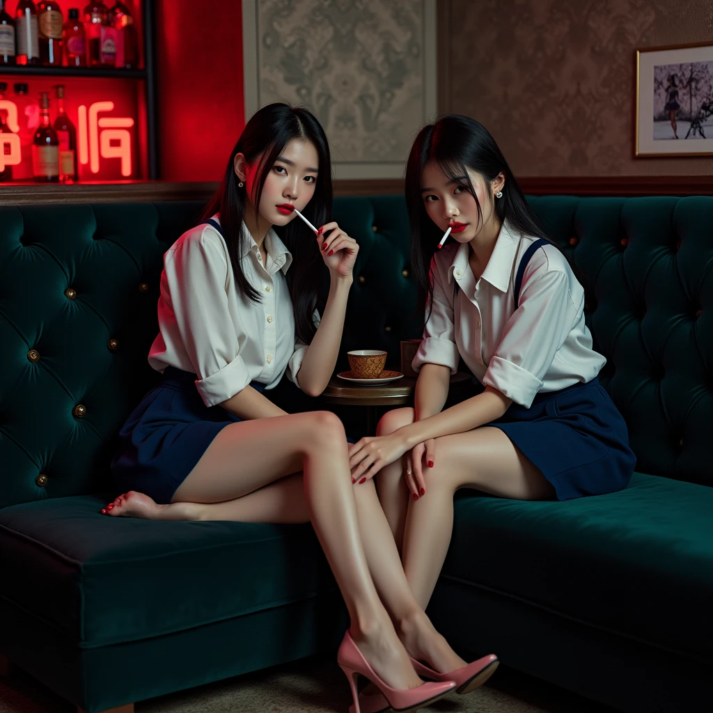((Barbershop in Brooklyn, New York)), There is a big mirror on the wall, (Faded red brick wall), (レトロな理hair店の椅子), (Antique barber chair), (high quality), (masterpiece), (「ARROWS」A neon sign with capital letters), (Barber shop light pole), 2 people, ((Full Body Shot)), 1woman, 2, (セクシーな韓国人woman), Chest 86, Waist 56, Hips 87 , G30, beauty, Beautiful feet, hair, Whitening skin, race, ((Wear professional attire)), (Girlfriend Fishnet Stockings, Off-the-shoulder sweater, Red skirt with slit, Wearing high heels, Wearing black stockings), (medium 黒hair hair), Beautiful eyes, smile, pink Cheek, red lips, 魅力的なwoman的な曲線, 足を組むwoman, 2woman, 2 , (大きなsmileロシア人の顔), 背の高いwoman, Long legs, Chest 88 Waist 57 Hips 89 , G30, 背の高いwoman, 長いhair, (long hair), ((鮮やかな茶色のhair)), ((Sexy pose, Ultra Realistic, Gives a sexy impression)), (She's wearing a black pencil skirt, Red Shirt, Wearing high heels, Wearing knitted tights), ((Photorealistic)), (魅力的なwoman的な曲線)