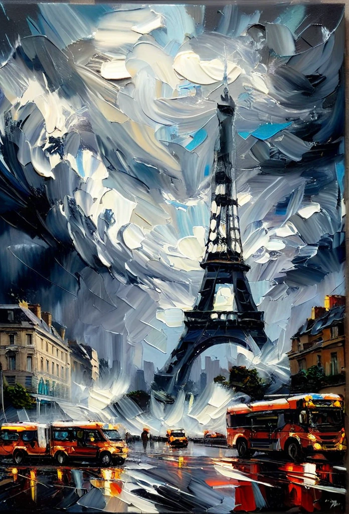 High Quality, Masterpiece, Award Winning, palette knife painting, "A highly stylized white oil painting with textured brushstrokes that add depth and movement to a dramatic European setting. The scene features an iconic European landmark, such as the Eiffel Tower, Colosseum, or Big Ben, standing resilient amidst a stormy night. The primary color palette includes white, light gray-white, and aqua, with crashing foamy waves and mist swirling around the building. The painting captures the dramatic atmosphere with expressive white brushstrokes, creating depth and a cinematic effect. White light effects pierce through moody storm clouds, casting a haunting glow over the architecture."