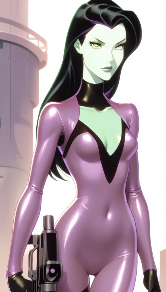 cartoon thin woman, long neck, long black hair, pale green skin, wearing a v-neck purple sci-fi body suit .. she is armed with an arm cannon, 