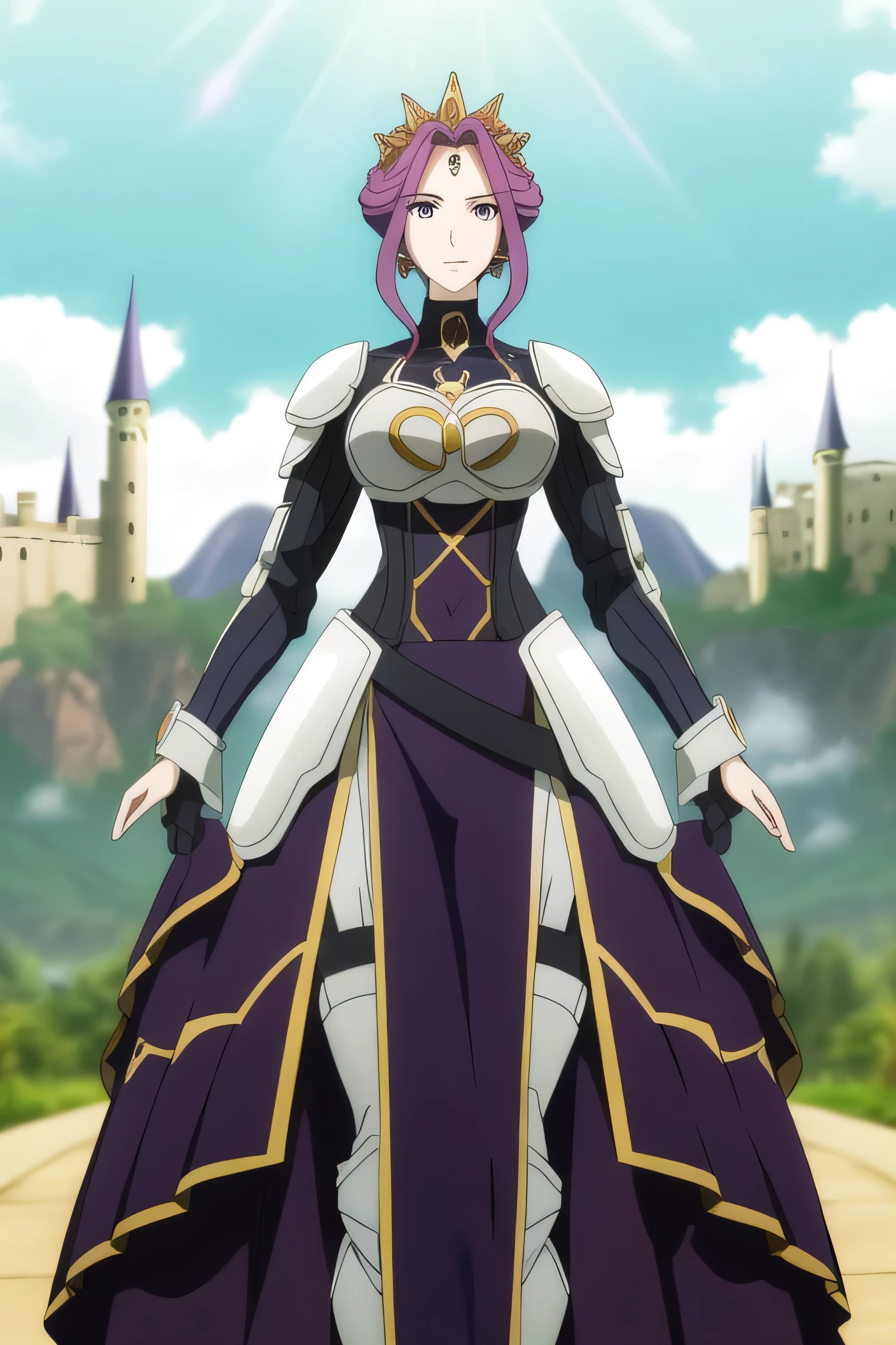 (Day:1.5),a castle with towers and towers on top of a hill with trees and clouds in the background and a blue sky,
Standing at attention,
purple and white outfit,armored dress,shoulder armor, armor,armored boots,
purple_hair, purple_eyes, jewelry, earrings, a crown on her head,
1 girl, 20yo,Young female,Beautiful Finger,Beautiful long legs,Beautiful body,
Beautiful Nose,Beautiful character design, perfect eyes, perfect face,expressive eyes,
looking at viewer, in the center of the image,(Upper_body),(Focus on her face),
official art,extremely detailed CG unity 8k wallpaper, perfect lighting,Colorful, Bright_Front_face_Lighting,shiny skin,
(masterpiece:1.0),(best_quality:1.0), ultra high res,4K,ultra-detailed,
photography, 8K, HDR, highres, absurdres:1.2, Kodak portra 400, film grain, blurry background, bokeh:1.2, lens flare, (vibrant_color:1.2)
(Beautiful,Breasts), (beautiful_face:1.5),(narrow_waist),