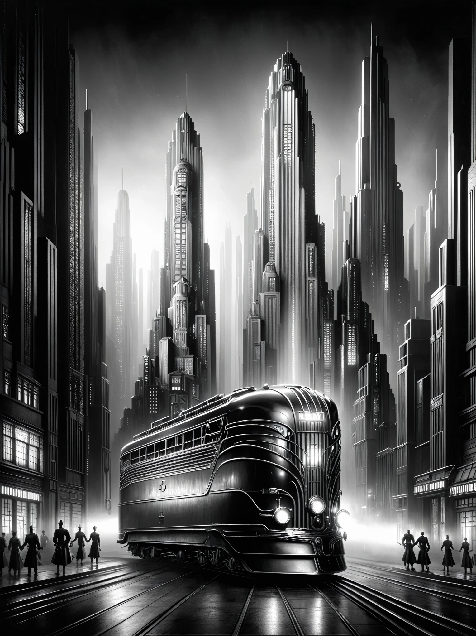  heavy dieselpunk streetcar on the street  ,buildings, Ultra-detailed Mega-City , sharp, hyper-realistic,  kinematic lighting , black magic,  detailed texture, photograph,  photorealistic  , dark theme, silhouette,  Hugh Ferris style 
Mad-Ropolis movie, futuristic, Art Deco, expressionist, 1920s,  Black and White ,